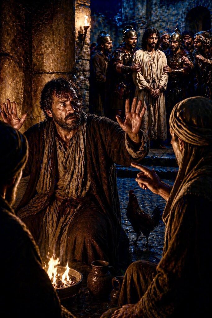 Second Sorrowful Mystery of the Rosary. Peter denies knowing Jesus three times, fulfilling the prophecy spoken by Christ before His Passion.