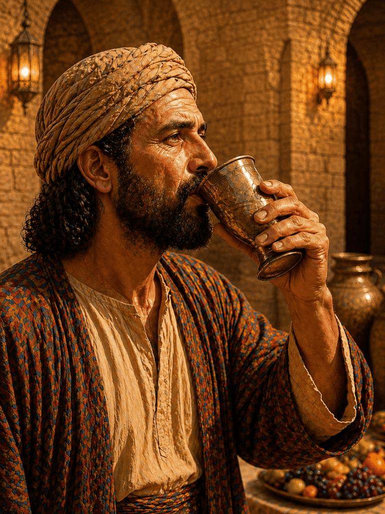 Second Luminous Mystery of the Rosary. The headwaiter tastes the wine made by Jesus and calls the bridegroom to speak with him at the wedding feast in Cana.