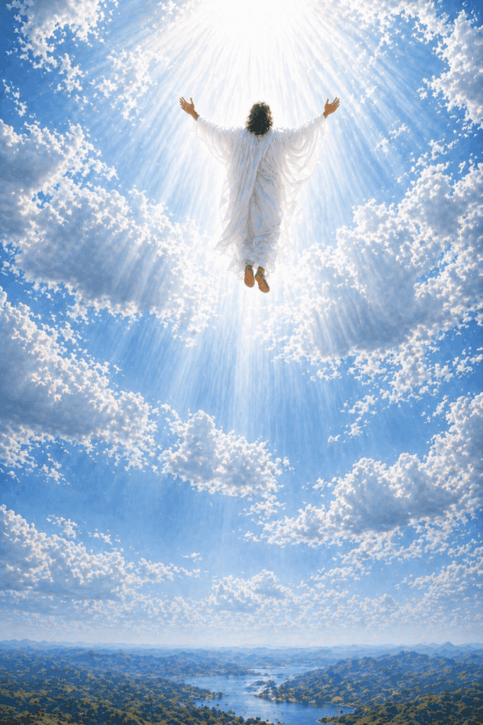 Second Glorious Mystery of the Rosary. Jesus ascends into Heaven before His disciples, returning to the Father in glory after completing His earthly mission.