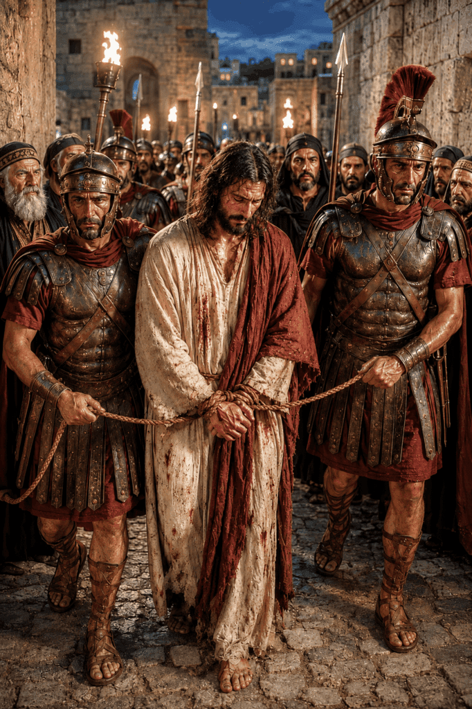 Second Sorrowful Mystery of the Rosary. Jesus is led away by the soldiers, fulfilling Isaiah’s prophecy that He would be led like a lamb to the slaughter.