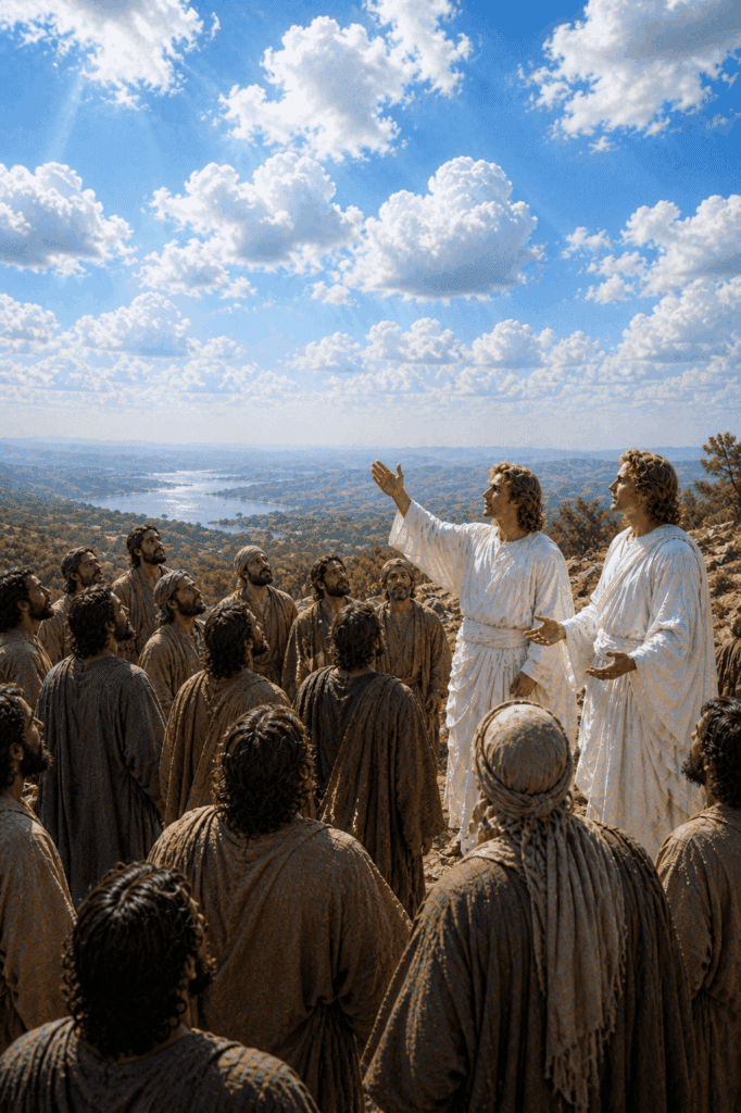 Second Glorious Mystery of the Rosary. Two angels appear after the Ascension and ask the disciples, ‘Why do you stand looking into the sky?’ reminding them that Jesus will return in glory.