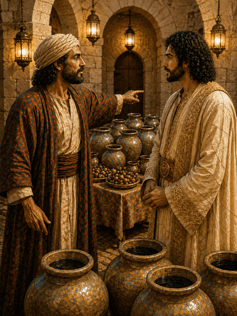 Second Luminous Mystery of the Rosary. The headwaiter tells the bridegroom, ‘You have kept the good wine until last,’ after Jesus changes water into wine at Cana.