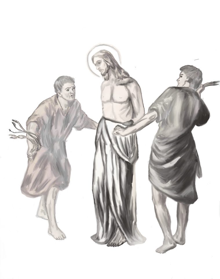 “Second Sorrowful Mystery of the Rosary. Soldiers scourge Jesus at the pillar, fulfilling the prophecy that He was crushed for our offenses and suffered for our sins.”

