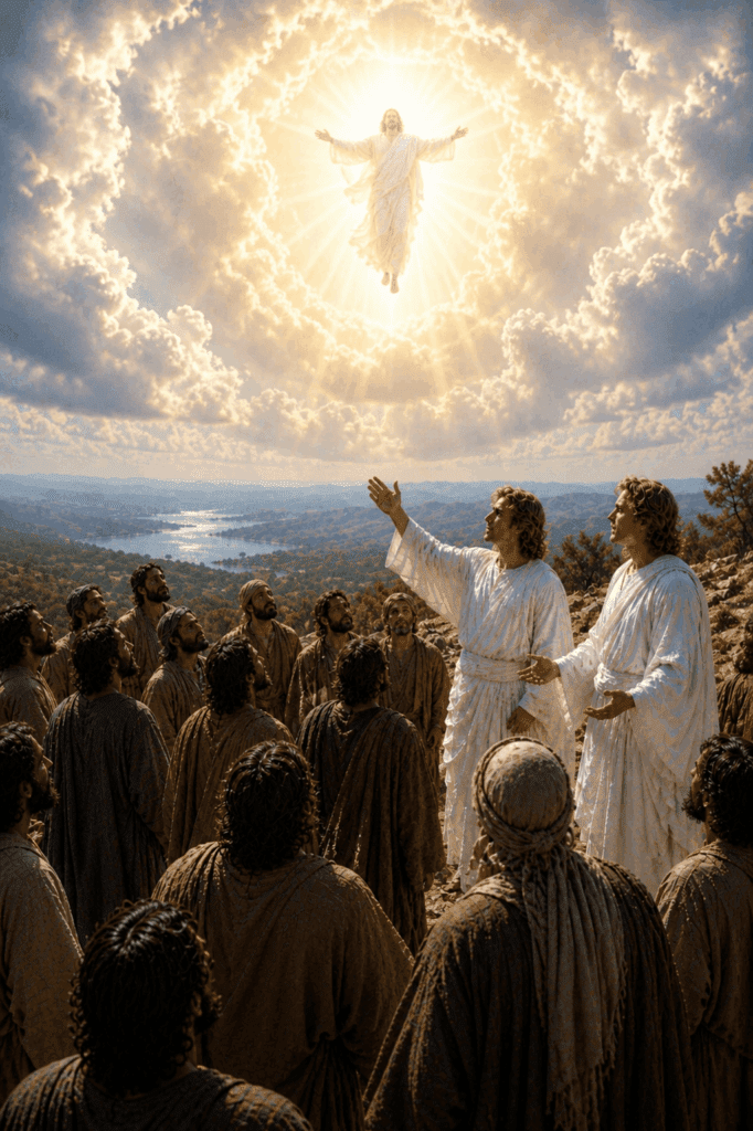 Second Glorious Mystery of the Rosary. The angels tell the disciples that Jesus, who has ascended into Heaven, will return in the same way they saw Him go into Heaven.