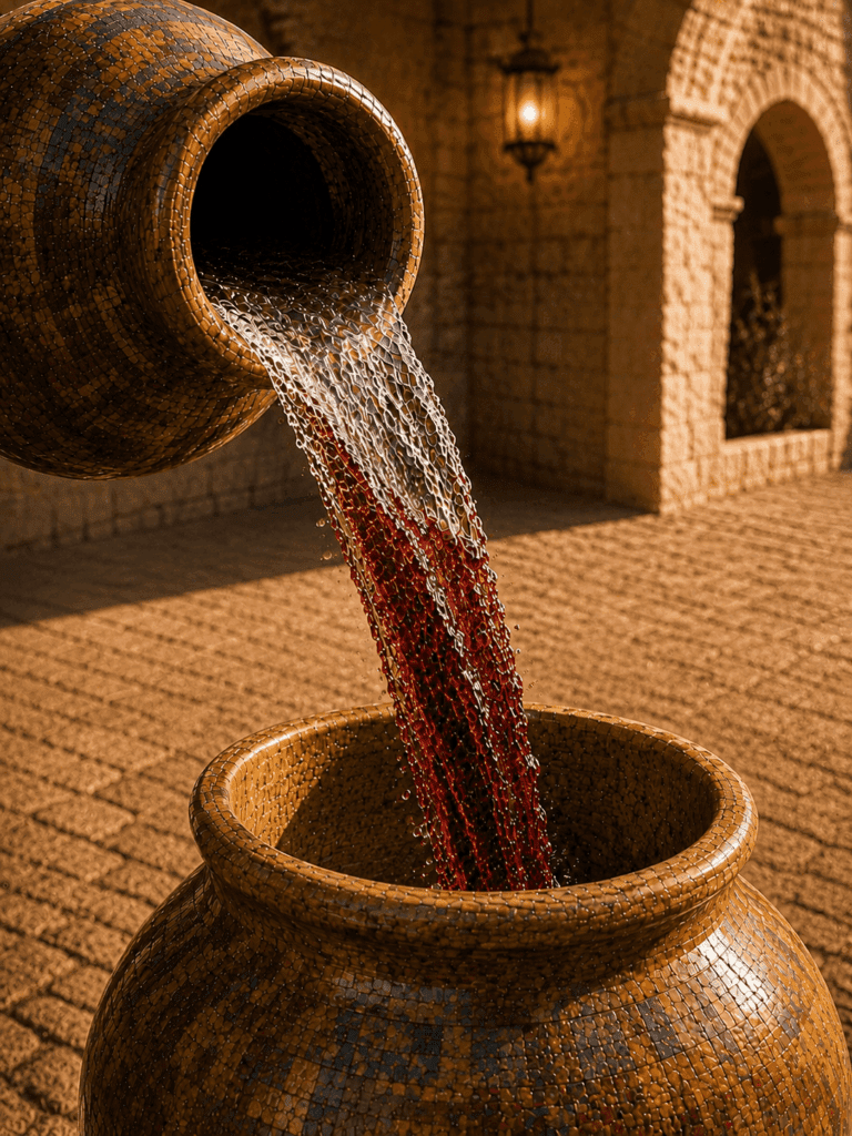 Second Luminous Mystery of the Rosary. Water pours from the jars and is transformed into wine at Cana, the first miracle of Jesus performed at the request of His mother Mary.