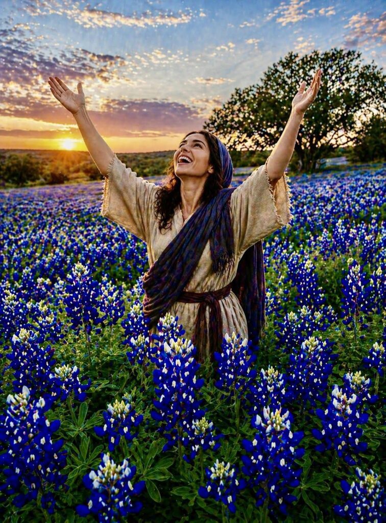 Second Sorrowful Mystery of the Rosary. A woman stands in a field of bluebonnets with her hands raised in joy, reflecting the promise that by the wounds of Jesus we are healed.
