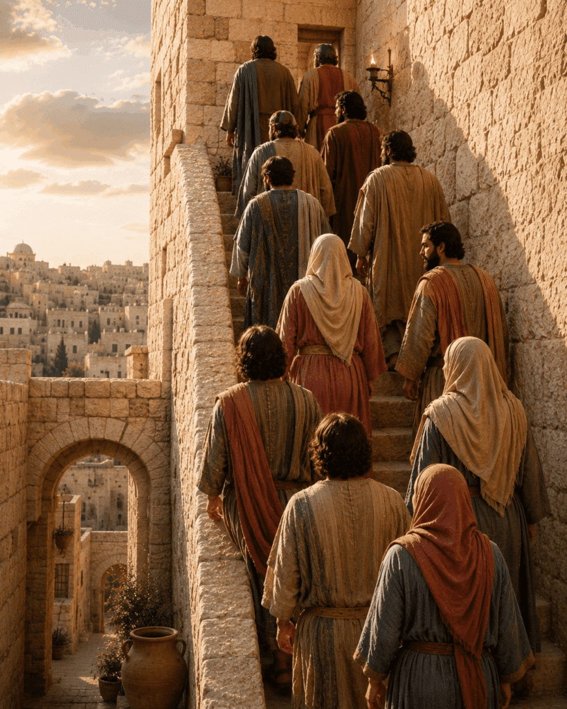 Third Glorious Mystery of the Rosary. The disciples gather with Mary in the Upper Room, united in prayer as they await the coming of the Holy Spirit.