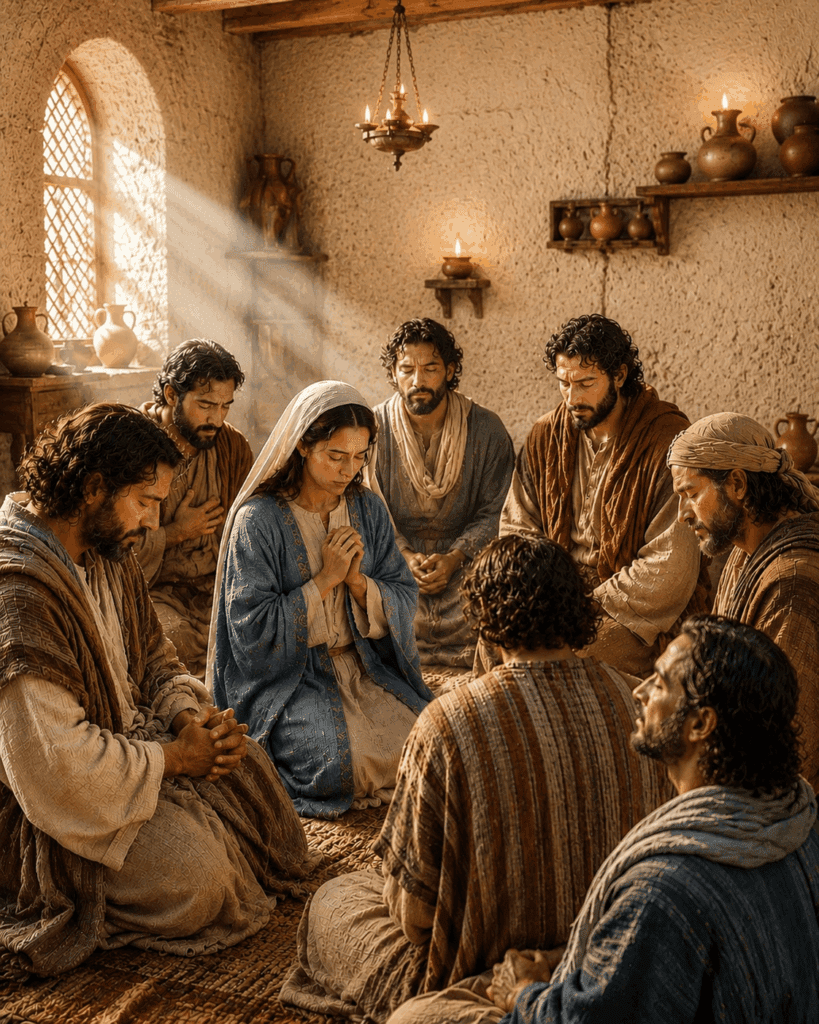 Third Glorious Mystery of the Rosary. Mary and the disciples devote themselves to prayer in the Upper Room as they wait for the coming of the Holy Spirit.