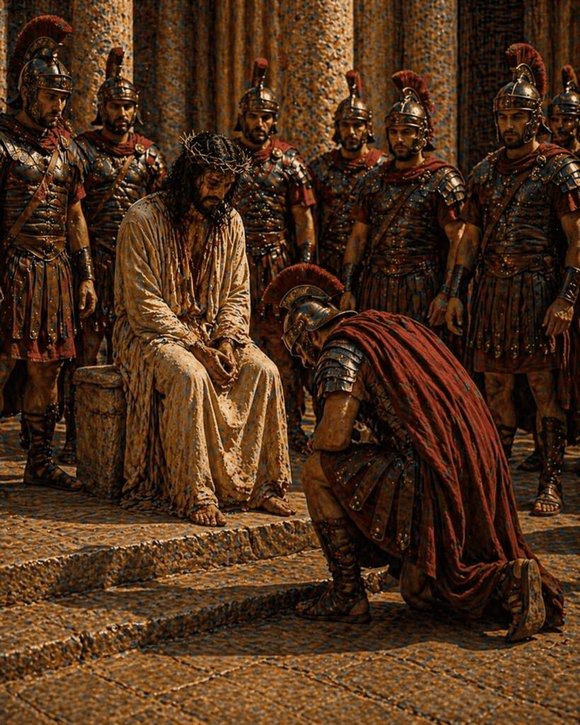 Third Sorrowful Mystery of the Rosary. The soldiers mock Jesus, saying, ‘Hail, King of the Jews,’ as they ridicule Him during the Crowning with Thorns.