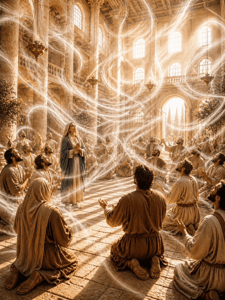 Third Glorious Mystery of the Rosary. A mighty wind fills the Upper Room as Mary and the disciples experience the coming of the Holy Spirit.