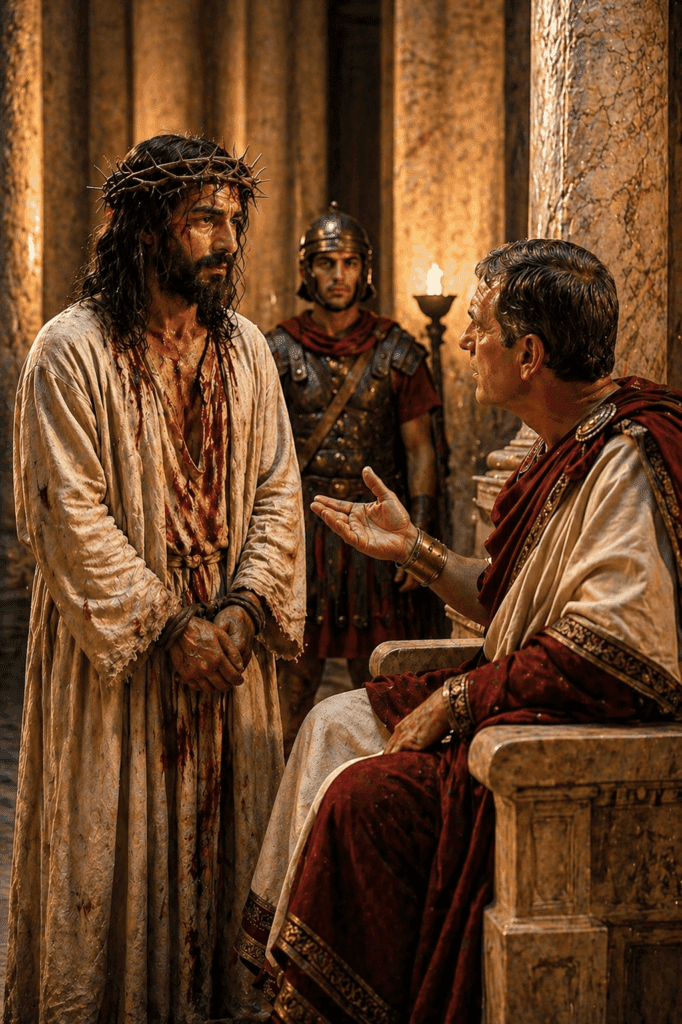 Third Sorrowful Mystery of the Rosary. Pilate questions Jesus, asking, ‘Are You a king?’ as the trial continues before His Passion.