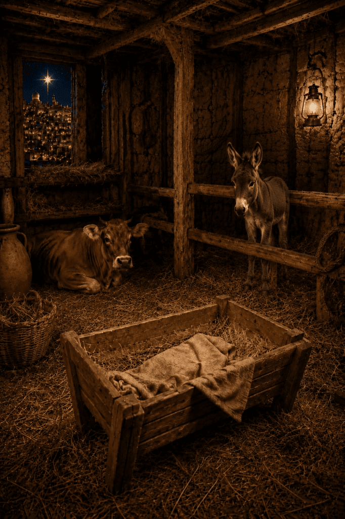 A rustic wooden stable illuminating the Nativity scene with the manger, star of Bethlehem, and hay.
