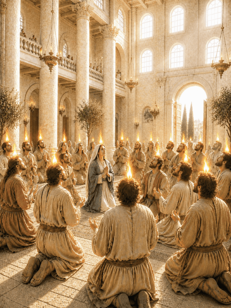 Third Glorious Mystery of the Rosary. Tongues of fire rest upon Mary and the disciples as they are filled with the Holy Spirit at Pentecost.