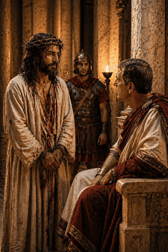 “Third Sorrowful Mystery of the Rosary. Jesus tells Pilate, ‘My kingdom is not of this world,’ revealing the spiritual nature of His kingship.”

