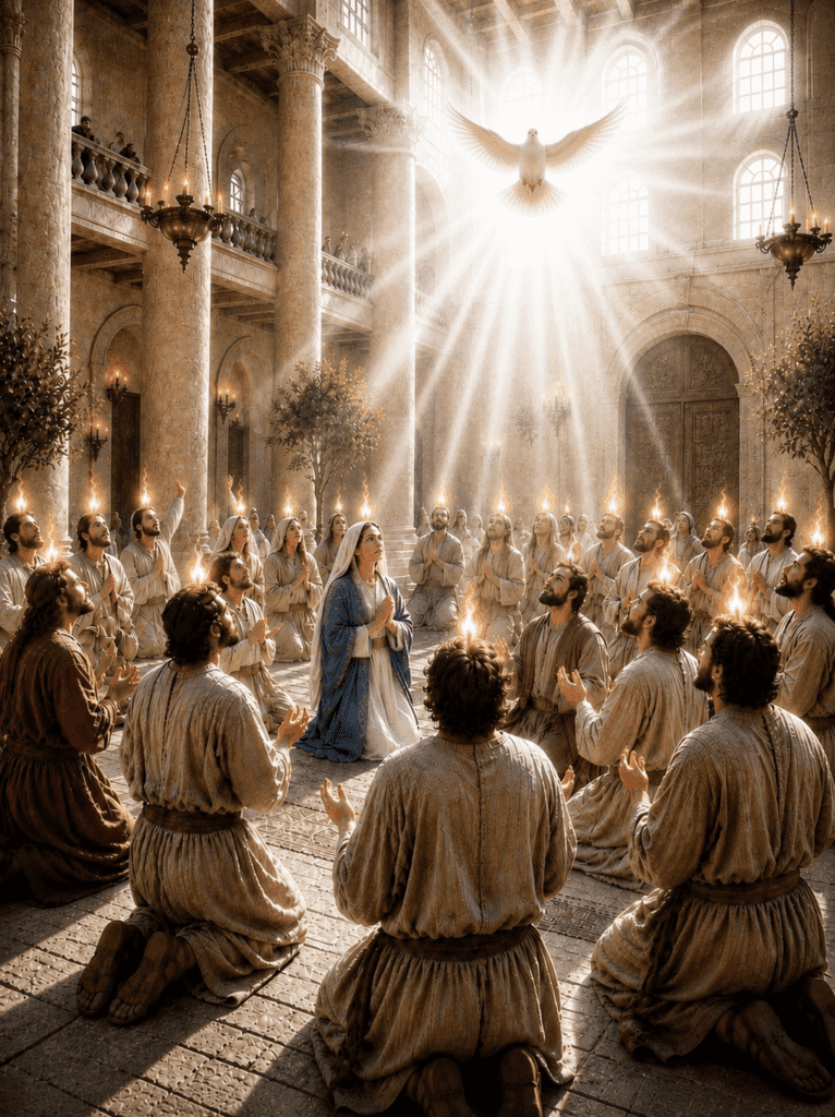 Third Glorious Mystery of the Rosary. The Holy Spirit descends upon Mary and the disciples, filling them with divine grace, courage, and wisdom.