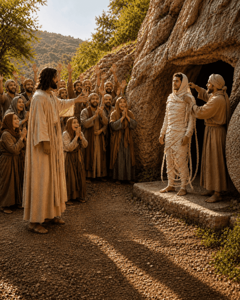 Third Luminous Mystery of the Rosary. Jesus raises Lazarus from the dead, revealing His divine authority over death and strengthening faith in the Kingdom of God.