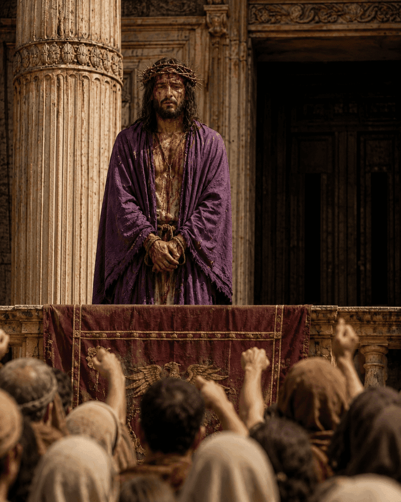 Third Sorrowful Mystery of the Rosary. Jesus, wearing a purple cloak and crown of thorns, is presented to the crowd after being mocked by the soldiers.