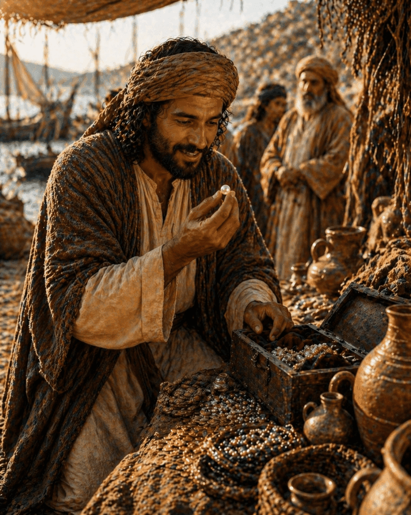Third Luminous Mystery of the Rosary. Jesus teaches that the Kingdom of God is like a merchant who sells all he has to buy a pearl of great price.
