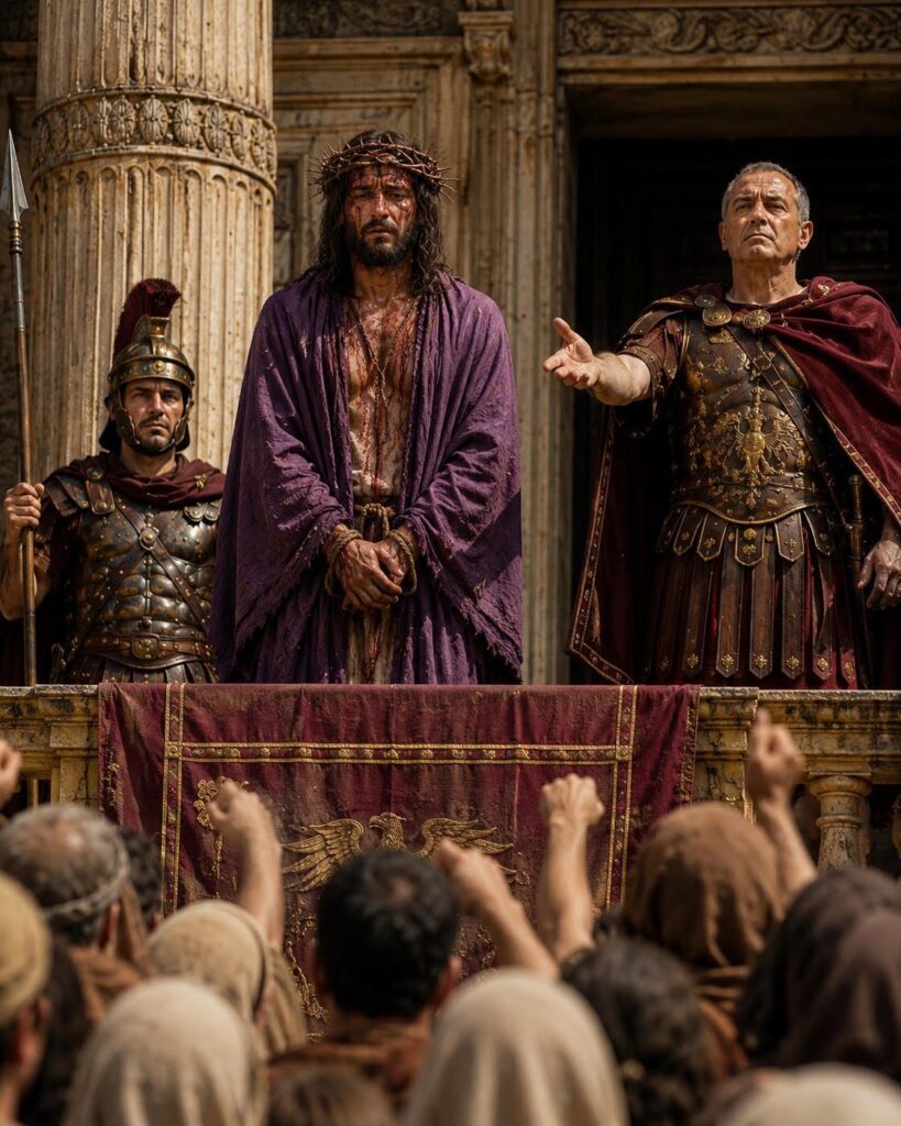 Third Sorrowful Mystery of the Rosary. Pilate presents Jesus to the crowd and says, ‘Behold the Man,’ as Jesus stands wearing the crown of thorns and purple cloak.