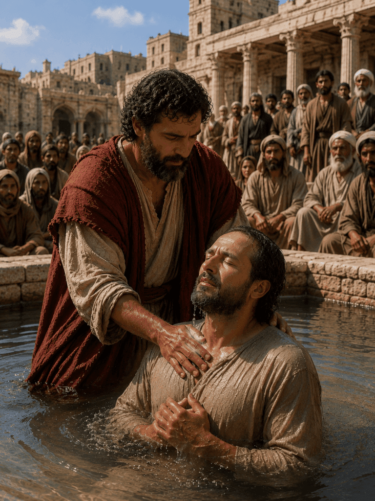 Third Glorious Mystery of the Rosary. Peter baptizes new believers after calling them to repent and be baptized in the name of Jesus Christ.