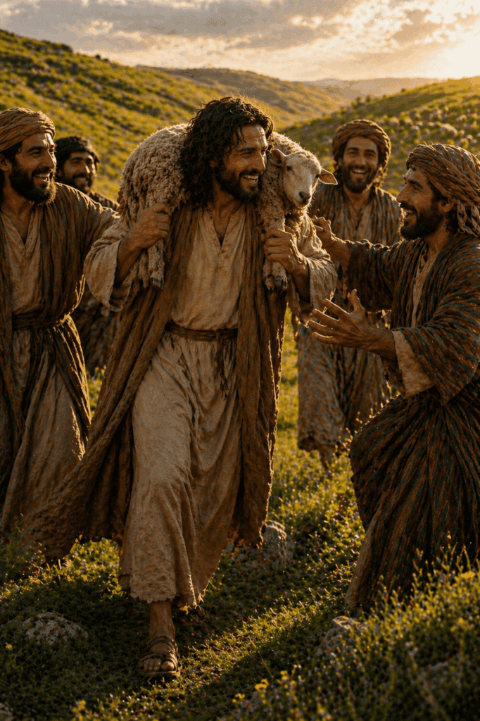 Third Luminous Mystery of the Rosary. Jesus carries the lost sheep on His shoulders, teaching that He seeks out those who have wandered and rejoices when they are found.