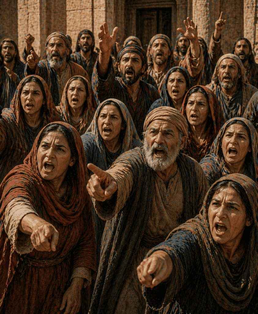 Third Sorrowful Mystery of the Rosary. The crowd shouts, ‘Crucify Him! Crucify Him!’ demanding the death of Jesus despite His innocence.