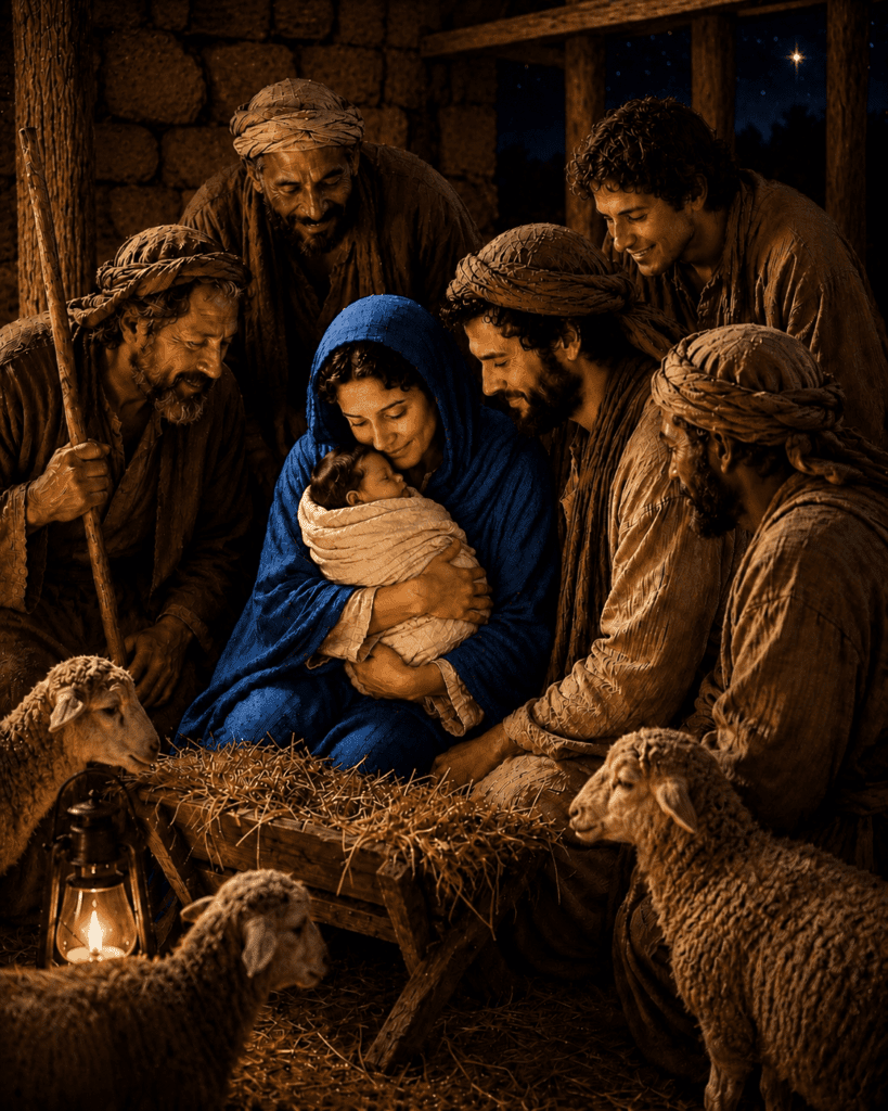 Shepherds kneel before the Christ Child