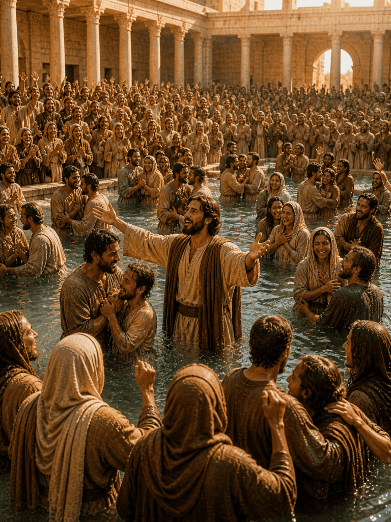 Third Glorious Mystery of the Rosary. Thousands are baptized after Peter’s Pentecost sermon as many people accept the Gospel and join the Church.