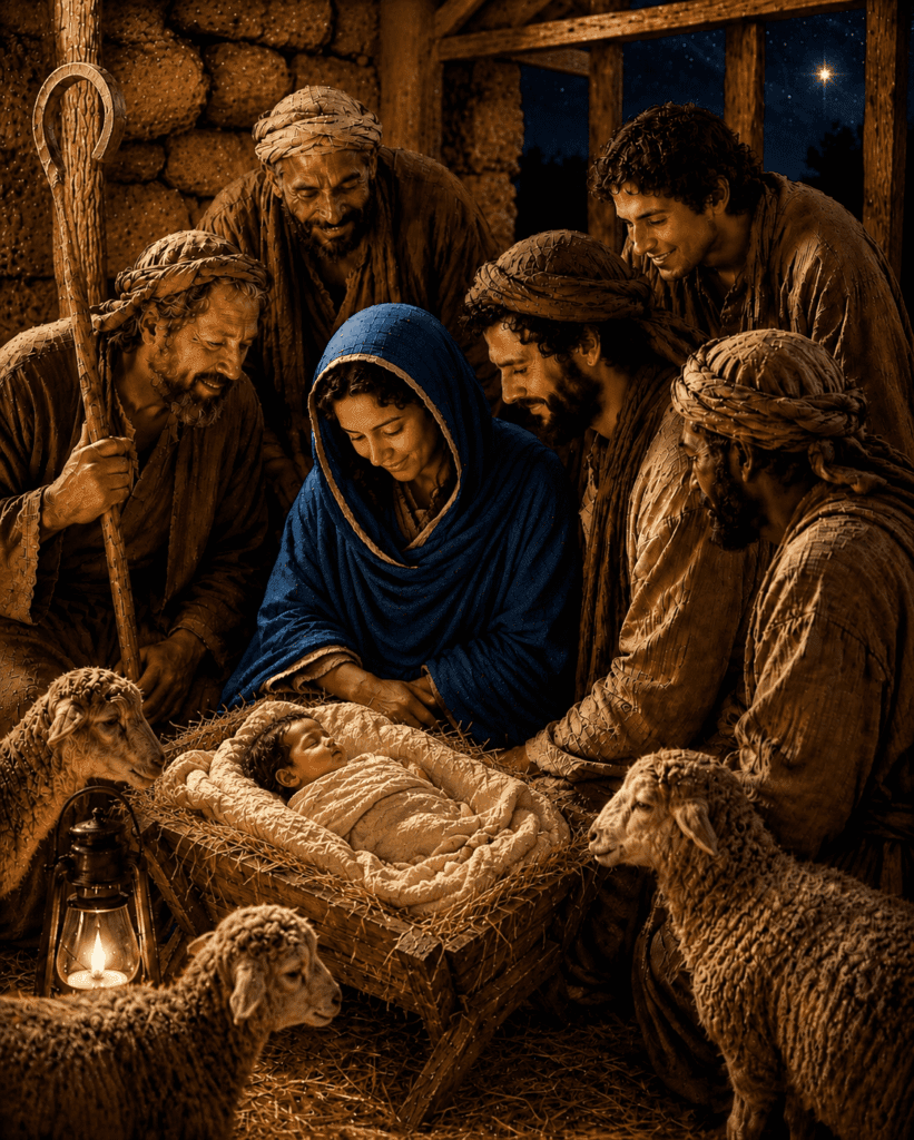 Shepherds gather around the manger to adore the newborn Jesus in Bethlehem while sheep rest nearby in the stable.