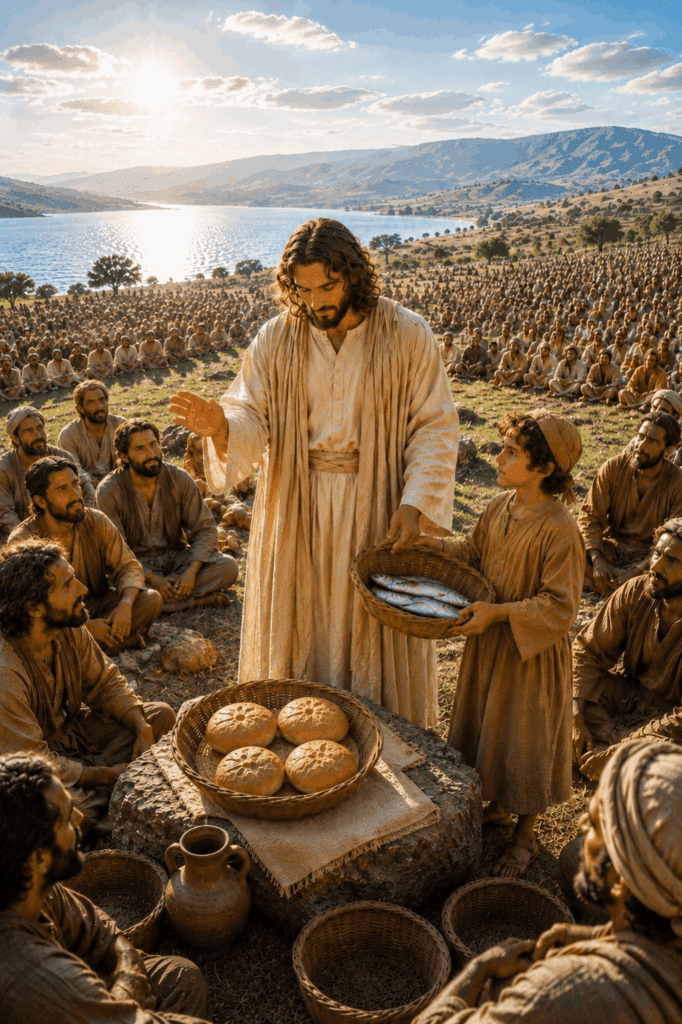 Third Luminous Mystery of the Rosary. Jesus blesses the five loaves and two fish and miraculously feeds five thousand people.