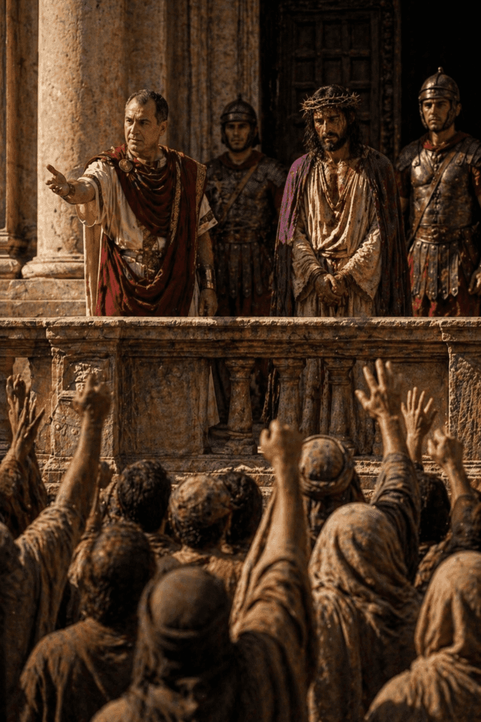 Third Sorrowful Mystery of the Rosary. Pilate asks the crowd, ‘Shall I crucify your king?’ as he presents Jesus before the people.