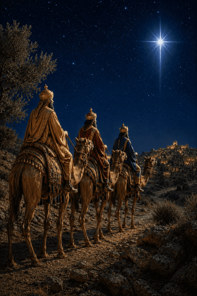 The Magi follow the star to Bethlehem