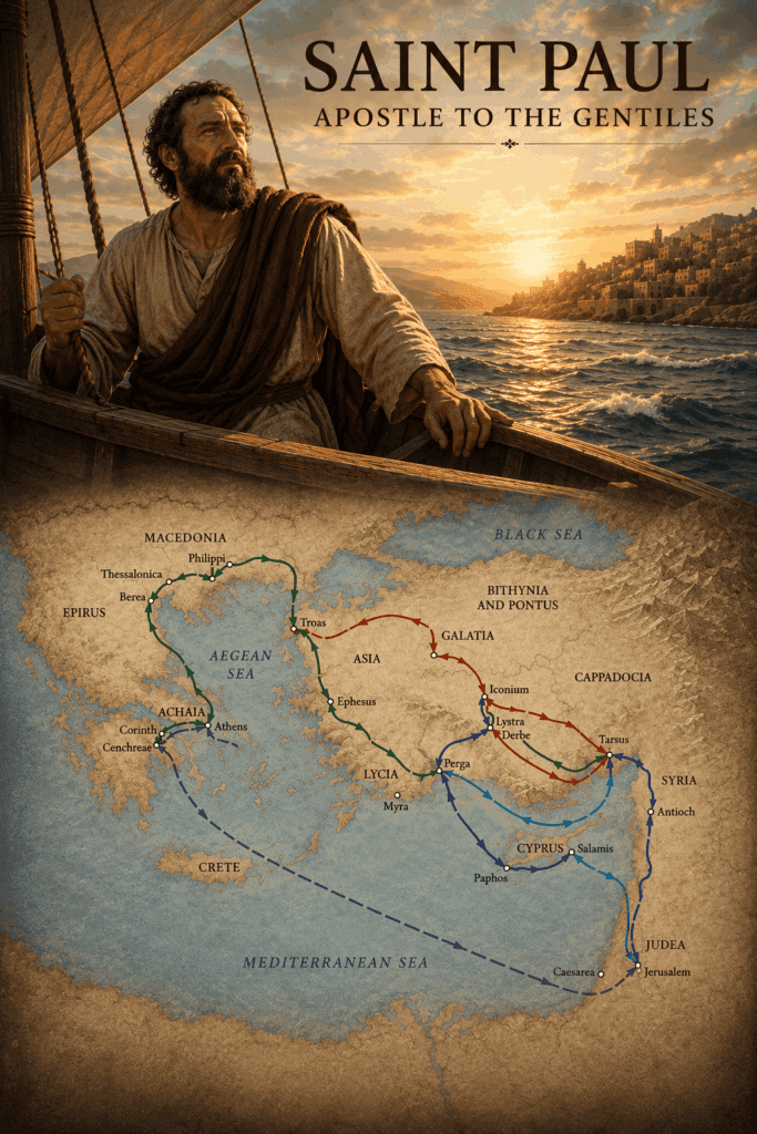 Third Glorious Mystery of the Rosary. The Holy Spirit compels Saint Paul to preach the Gospel to the nations, spreading the message of Jesus Christ throughout the world.