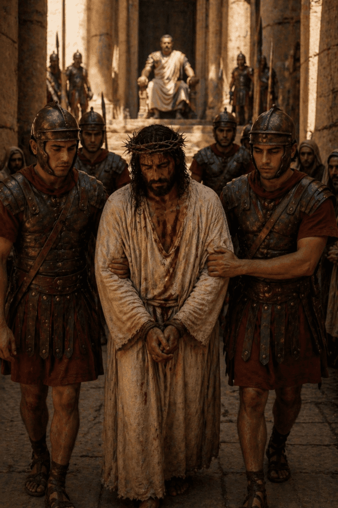 Third Sorrowful Mystery of the Rosary. Jesus is led away by the soldiers to be crucified, accepting His suffering and death for the salvation of the world.