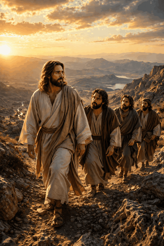 Fourth Luminous Mystery of the Rosary. Jesus takes Peter, James, and John up a mountain to prepare them for the revelation of His glory in the Transfiguration.