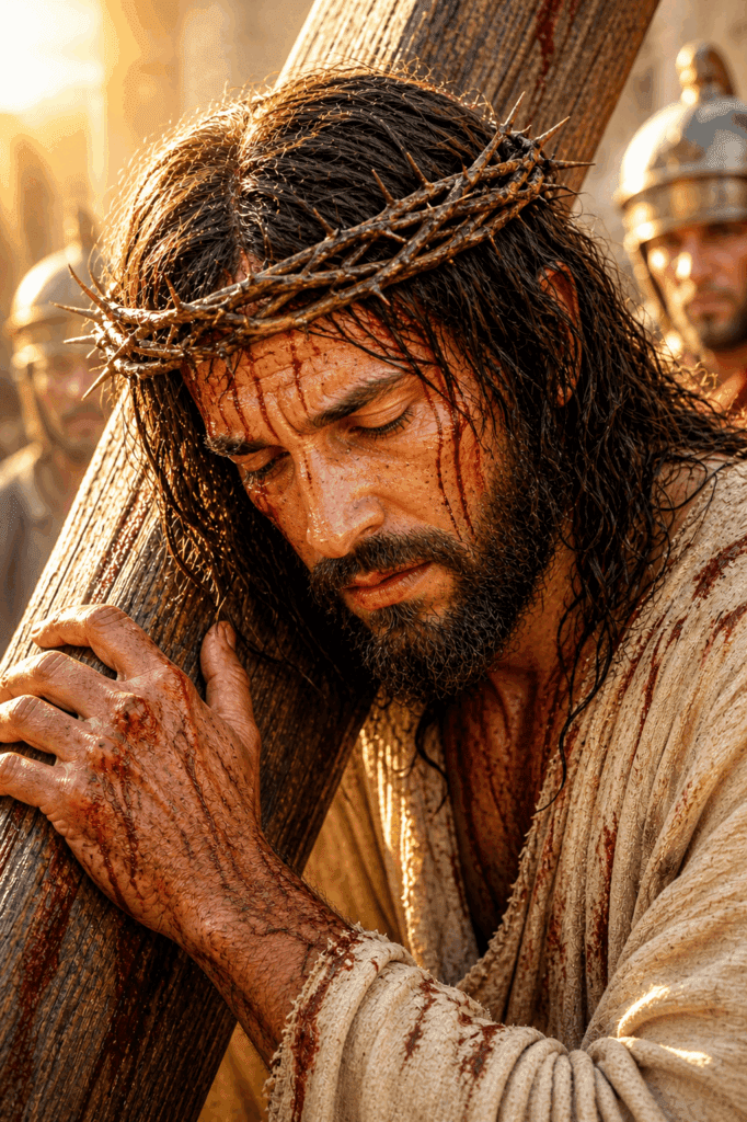 Fourth Sorrowful Mystery of the Rosary. A heavy cross is laid upon the shoulders of Jesus as He begins His journey to Calvary.
