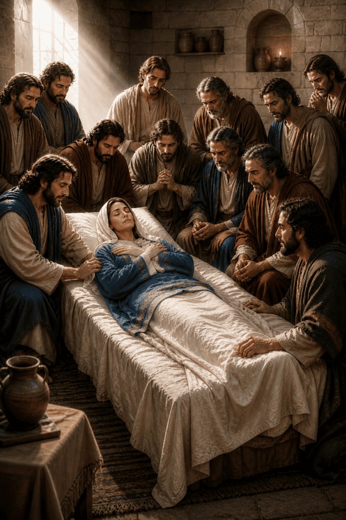 Fourth Glorious Mystery of the Rosary. The apostles gather around Mary in her final days on earth, honoring the Mother of Jesus with love and devotion.