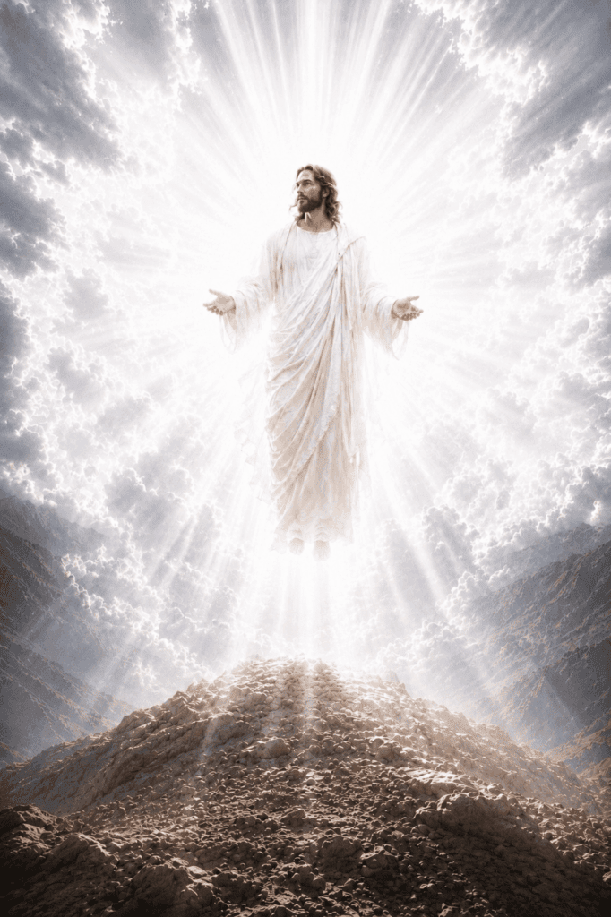 Fourth Luminous Mystery of the Rosary. Jesus is brilliantly transfigured before Peter, James, and John, revealing His divine glory.