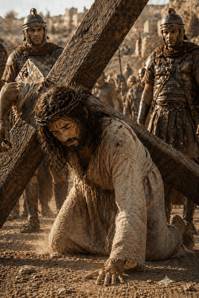 Fourth Sorrowful Mystery of the Rosary. Jesus falls beneath the weight of the cross for the first time as He carries it toward Calvary.