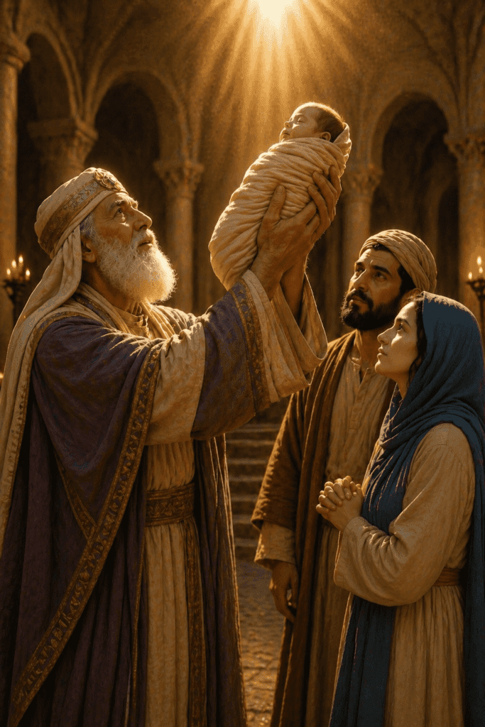 Priest presenting the infant Jesus in the Temple according to the Law of Moses.