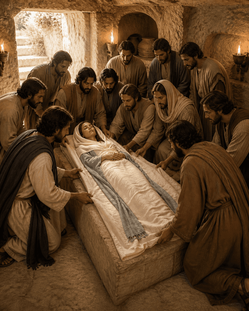 Fourth Glorious Mystery of the Rosary. The apostles reverently lay Mary in a tomb, honoring the Mother of Jesus with prayer and love.