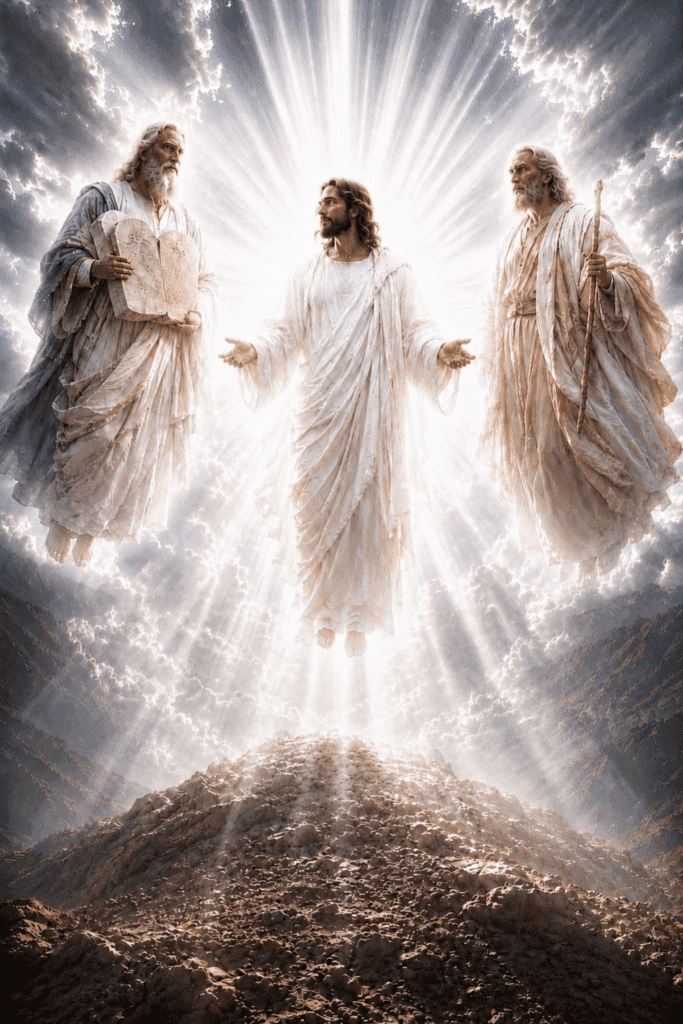 Fourth Luminous Mystery of the Rosary. Moses and Elijah appear in glory and converse with Jesus during the Transfiguration.