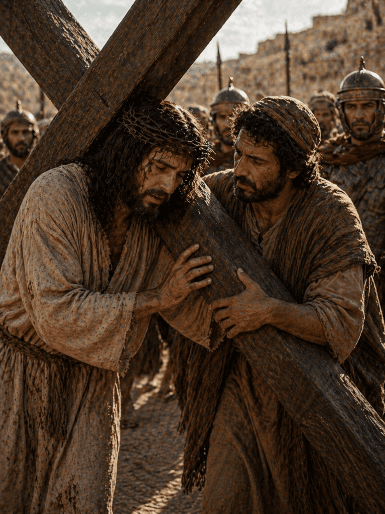 “Fourth Sorrowful Mystery of the Rosary. Simon of Cyrene helps Jesus carry the cross on the road to Calvary.”

