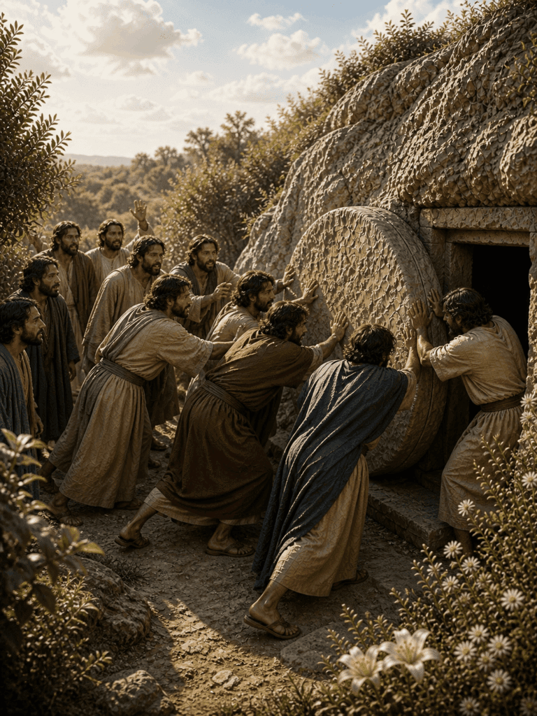 Fourth Glorious Mystery of the Rosary. The tomb of Mary is sealed after she is laid to rest, while the apostles keep watch in prayer and hope.