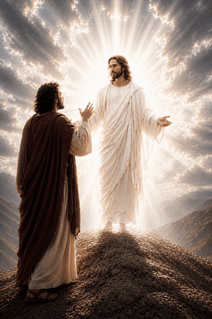 Fourth Luminous Mystery of the Rosary. Peter proposes building three tents, one for Jesus, one for Moses, and one for Elijah during the Transfiguration.