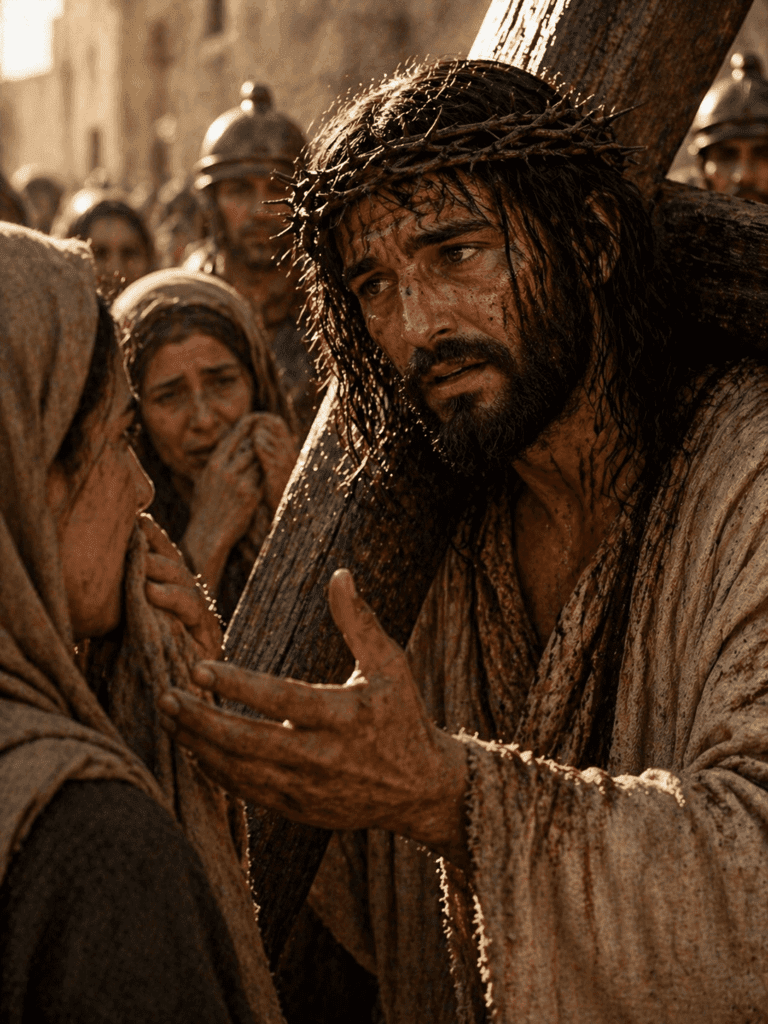 Fourth Sorrowful Mystery of the Rosary. Jesus carries the cross with His face covered in blood and sweat, bearing His suffering with love and perseverance.