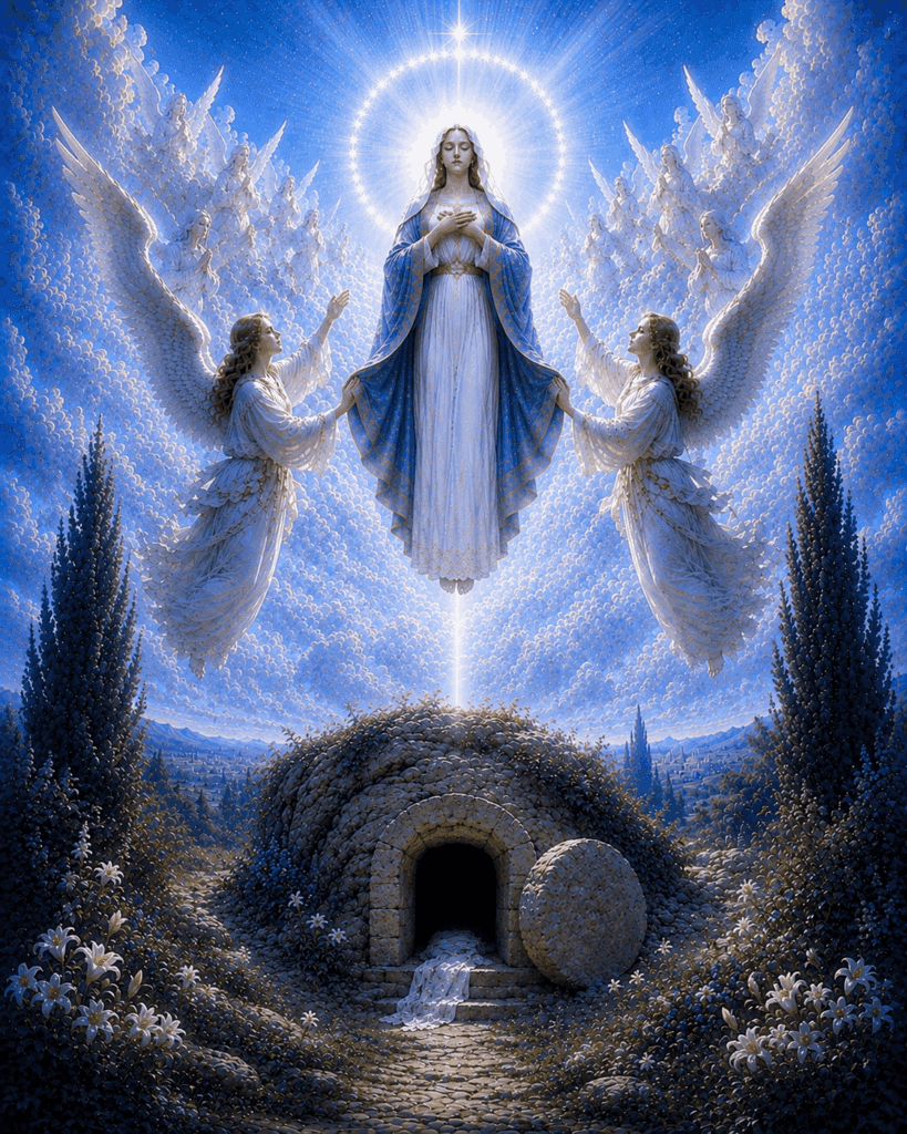 Fourth Glorious Mystery of the Rosary. Mary is assumed body and soul into Heaven, sharing fully in the glory won by her Son, Jesus Christ.