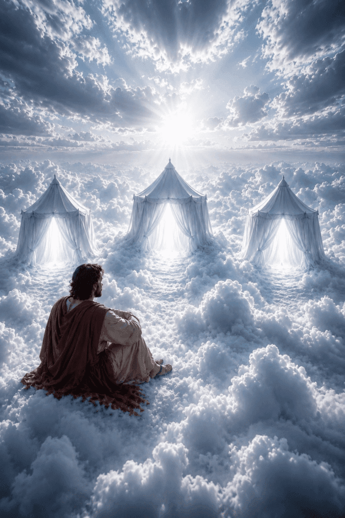 Fourth Luminous Mystery of the Rosary. Peter sits before the three tents he imagines in the glory of the Transfiguration, wishing to remain in that heavenly moment with Jesus, Moses, and Elijah.