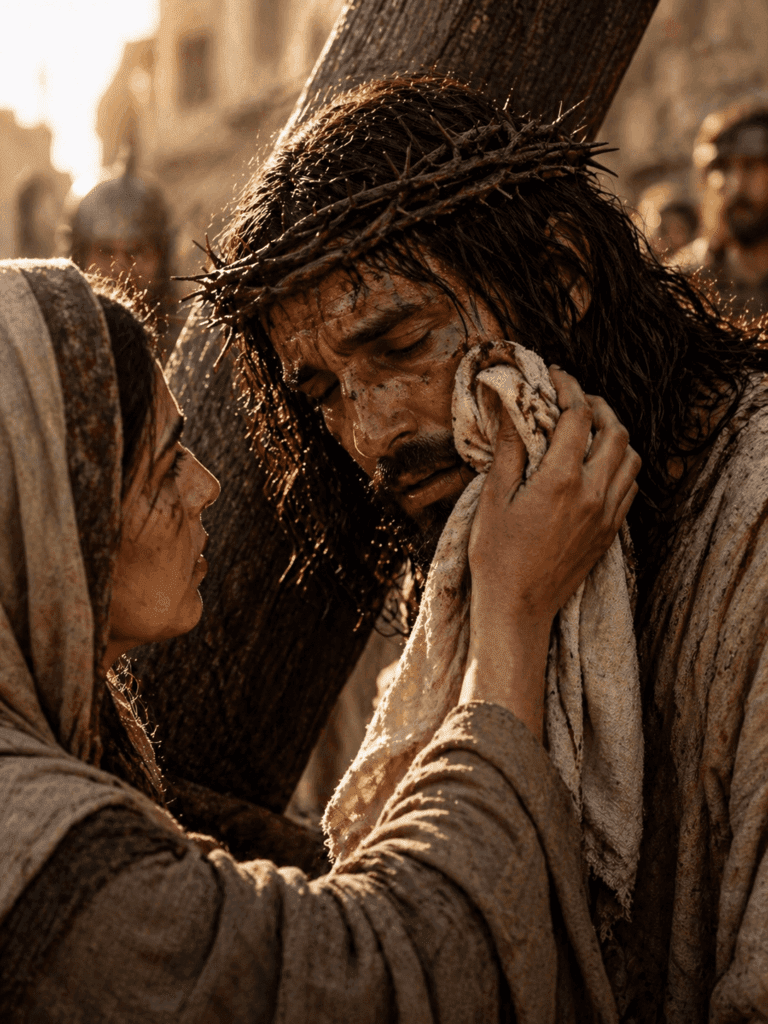 Fourth Sorrowful Mystery of the Rosary. Veronica compassionately wipes the face of Jesus as He carries the cross to Calvary.