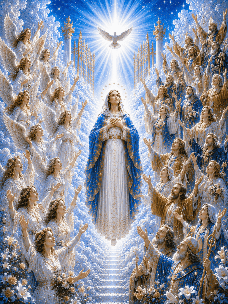 Fourth Glorious Mystery of the Rosary. Angels and saints welcome Mary into Heaven with joy as she enters the glory prepared for her by God.